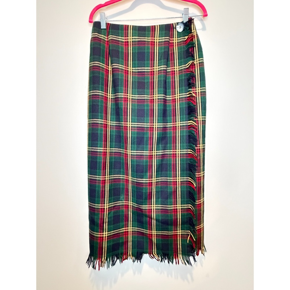 Preston & York Vintage Wool Plaid Wrap Skirt Fringe Classic Tartan Midi 10 - Picture 2 of 8